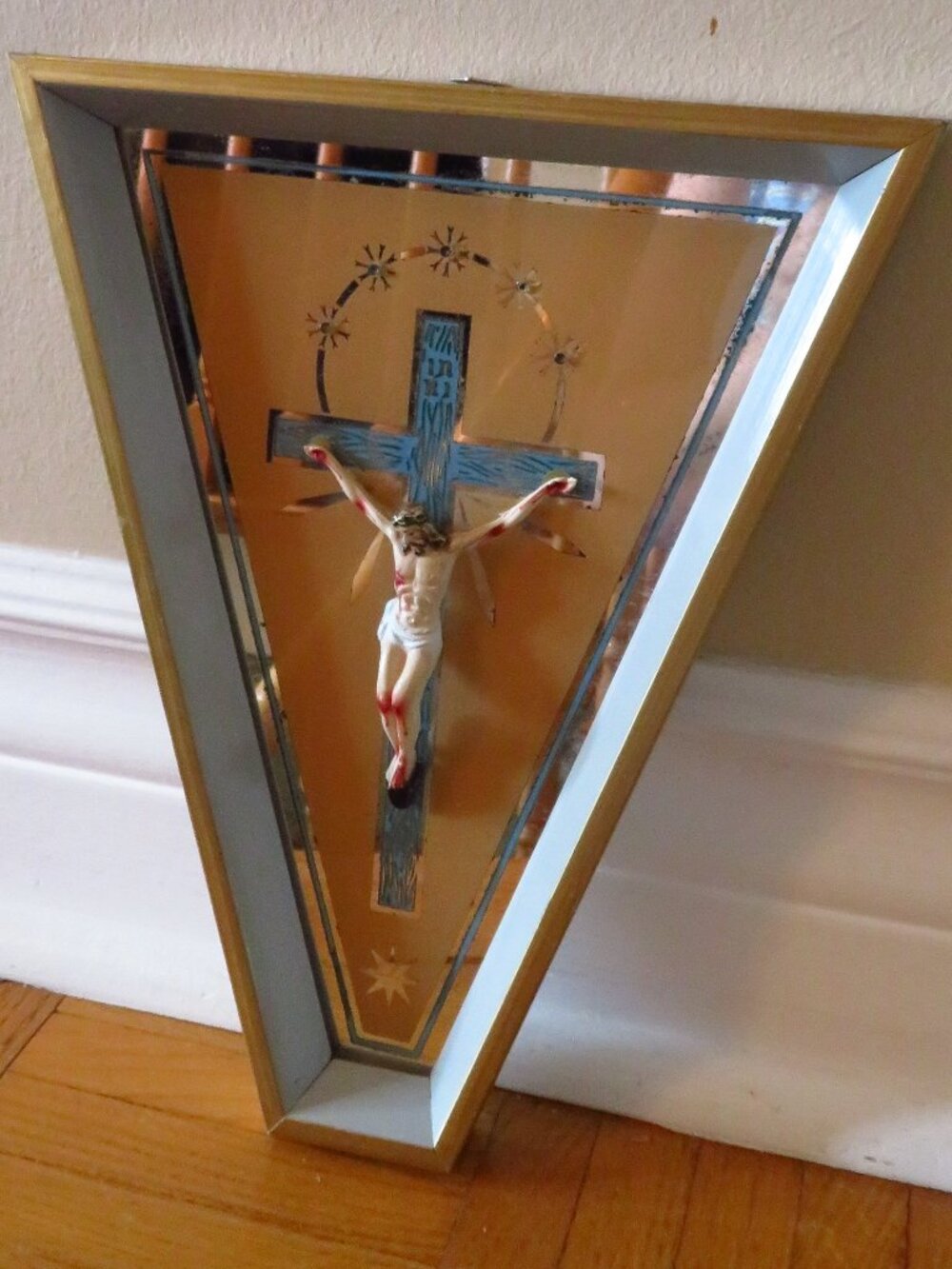 Vintage 1960 religious crucifix with mirror and wood frame,Jesus, Cross,Italy